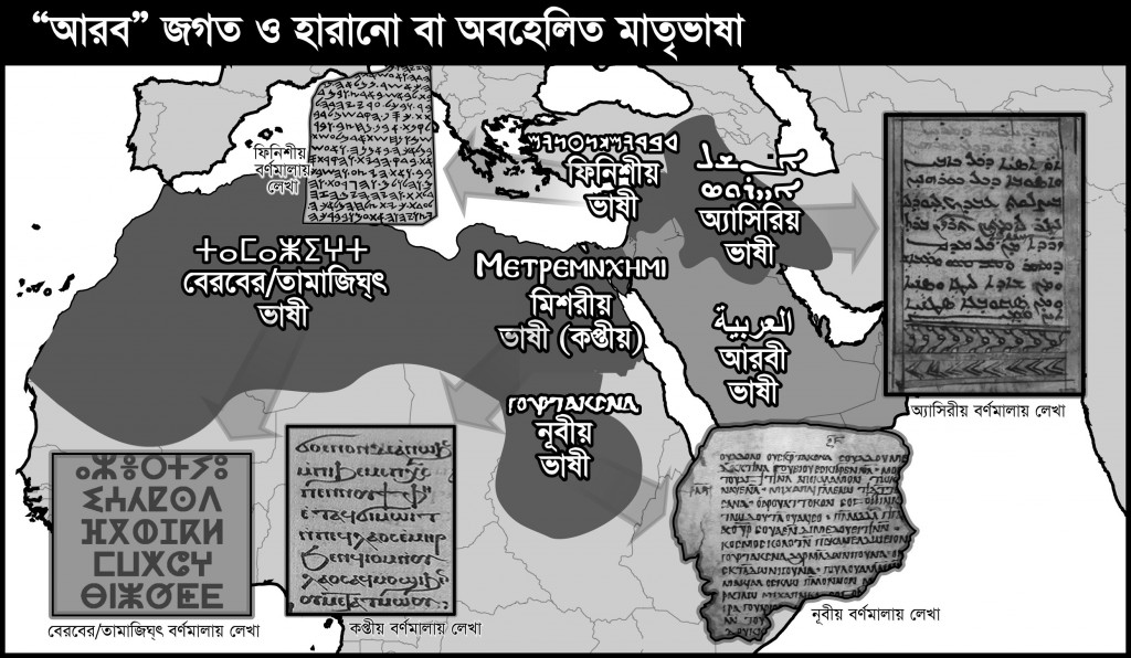 চিত্র ১ – যেসব দেশে মাতৃভাষা ত্যাগ করে আজকাল প্রধানত আরবী ভাষা বলার প্রচলন আছে।